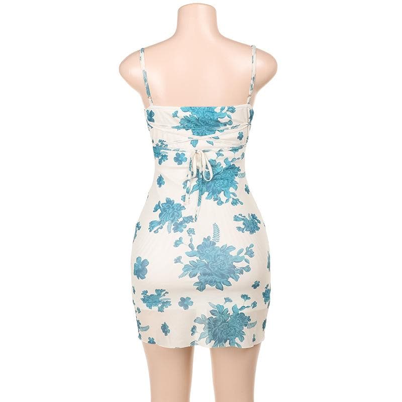 Flower print mesh lace up cami mini dress  | Festival Outfits Women
