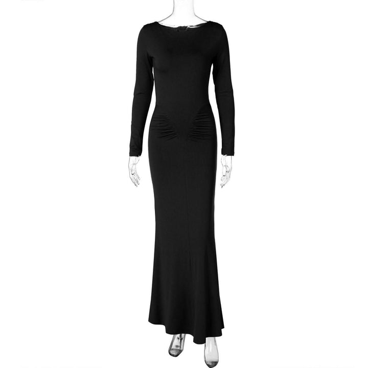 Long sleeve crewneck ruched solid maxi dress  | Festival Outfits Women