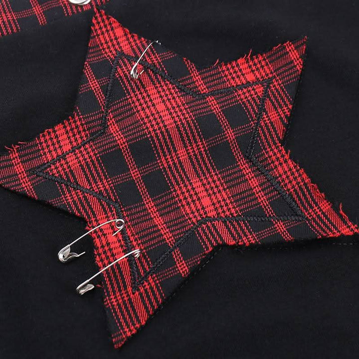 Square neck hollow out star print plaid cami cut out top  | Festival Outfits Women