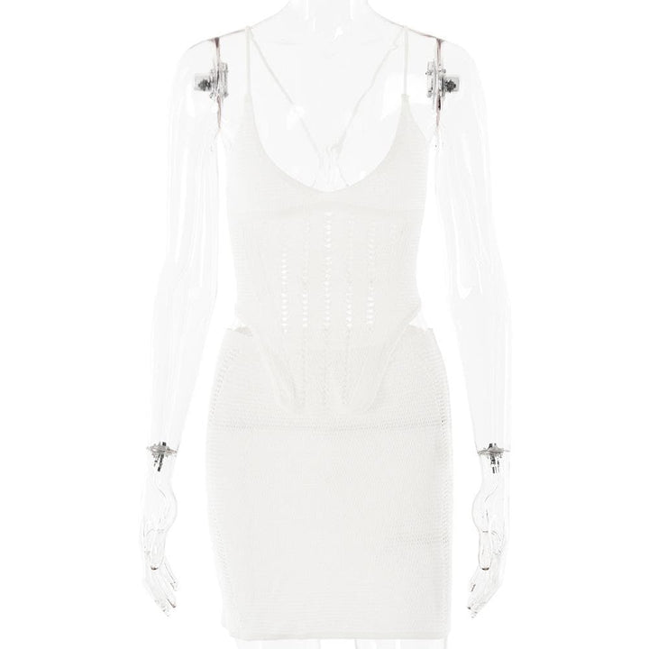 V neck knitted cross back backless cami mini skirt set  | Festival Outfits Women