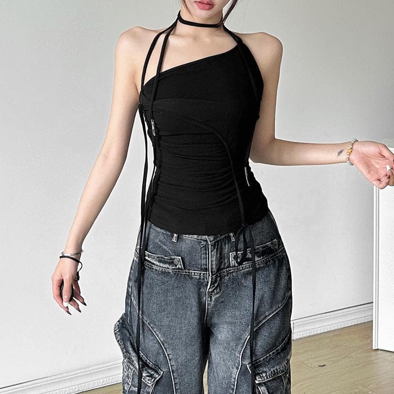 Halter backless solid ruched top  | Festival Outfits Women-final-sale