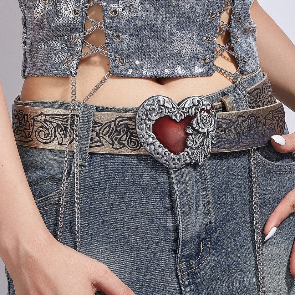 Heart print PU leather adjustable belt  | Festival Outfits Women