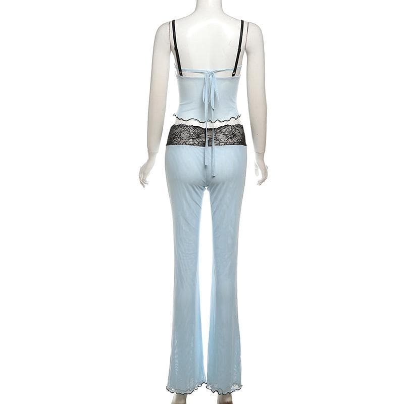 Lace mesh ruffle sweetheart neck cami pant set  | Festival Outfits Women