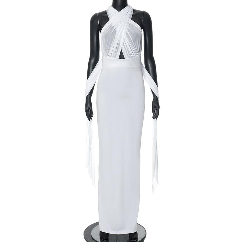 Cross front mesh patchwork backless maxi dress  | Festival Outfits Women