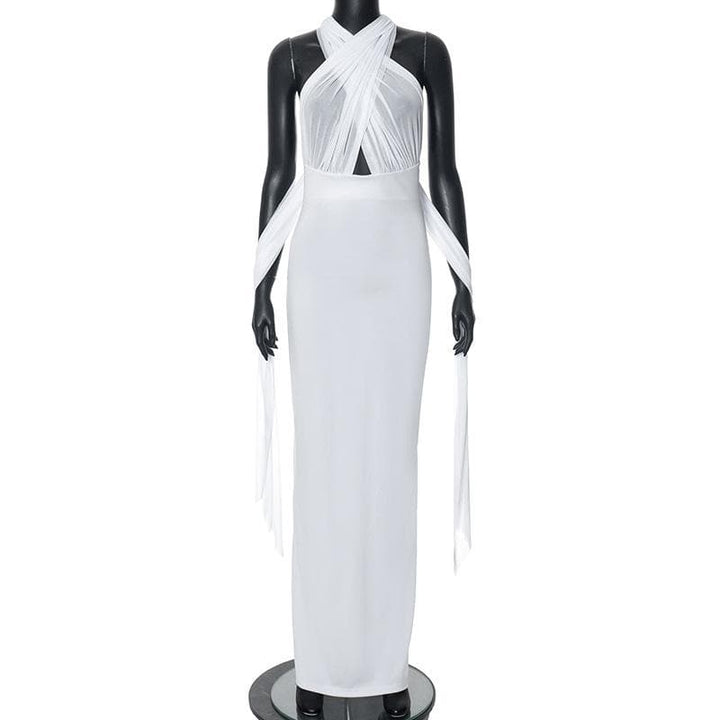 Cross front mesh patchwork backless maxi dress  | Festival Outfits Women