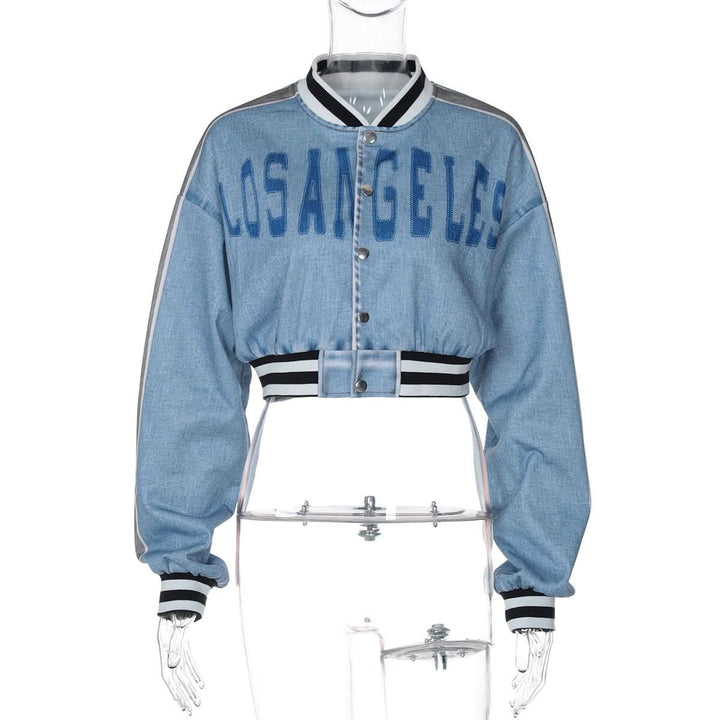 Long sleeve denim letter print patchwork button top  | Festival Outfits Women