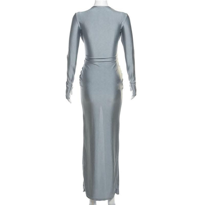 Knotted slit solid long sleeve ruched maxi dress-final-sale  | Festival Outfits Women