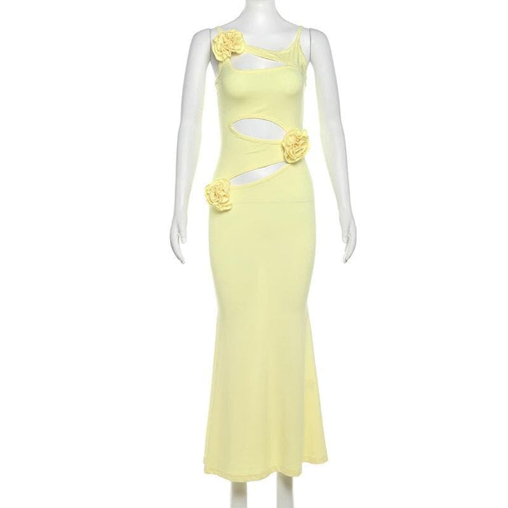 Hollow out rose applique solid cami cut out maxi dress  | Festival Outfits Women