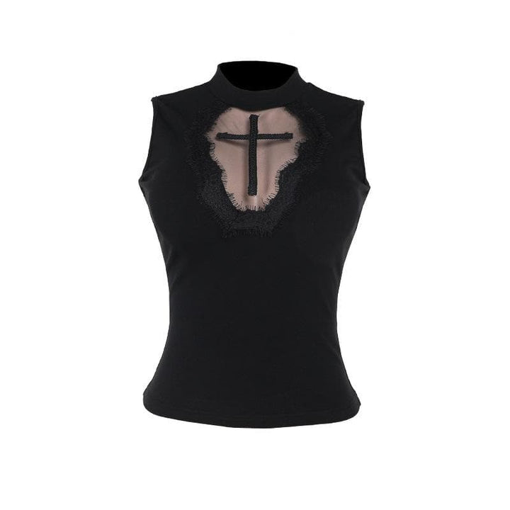 Sleeveless crewneck cross pattern solid top  | Festival Outfits Women