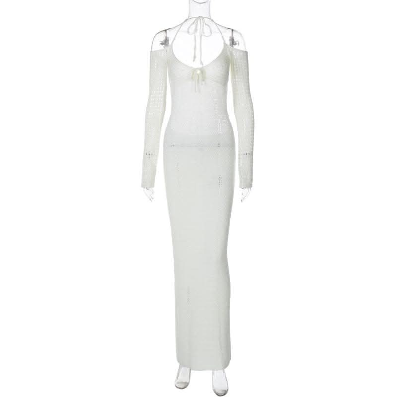 Long sleeve off shoulder halter knitted backless maxi dress-final-sale  | Festival Outfits Women