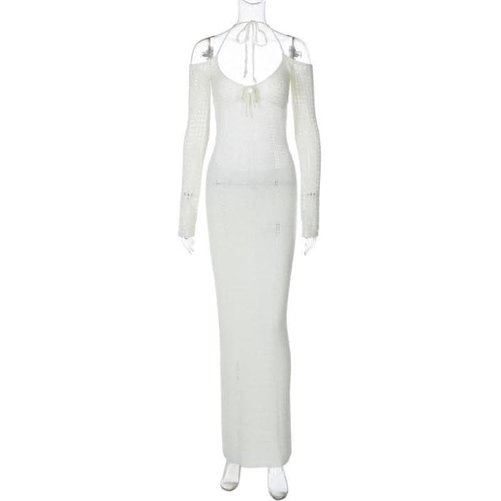 Long sleeve off shoulder halter knitted backless maxi dress-final-sale  | Festival Outfits Women