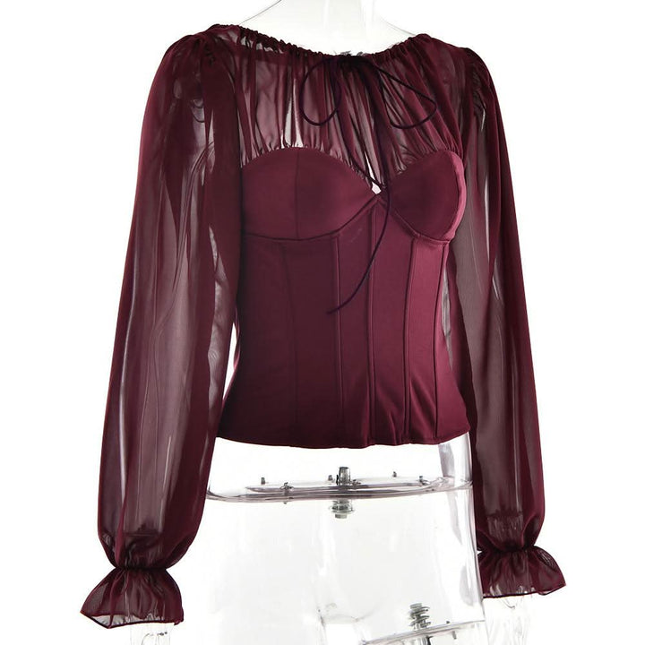 Long sleeve chiffon patchwork corset zip-up top  | Festival Outfits Women