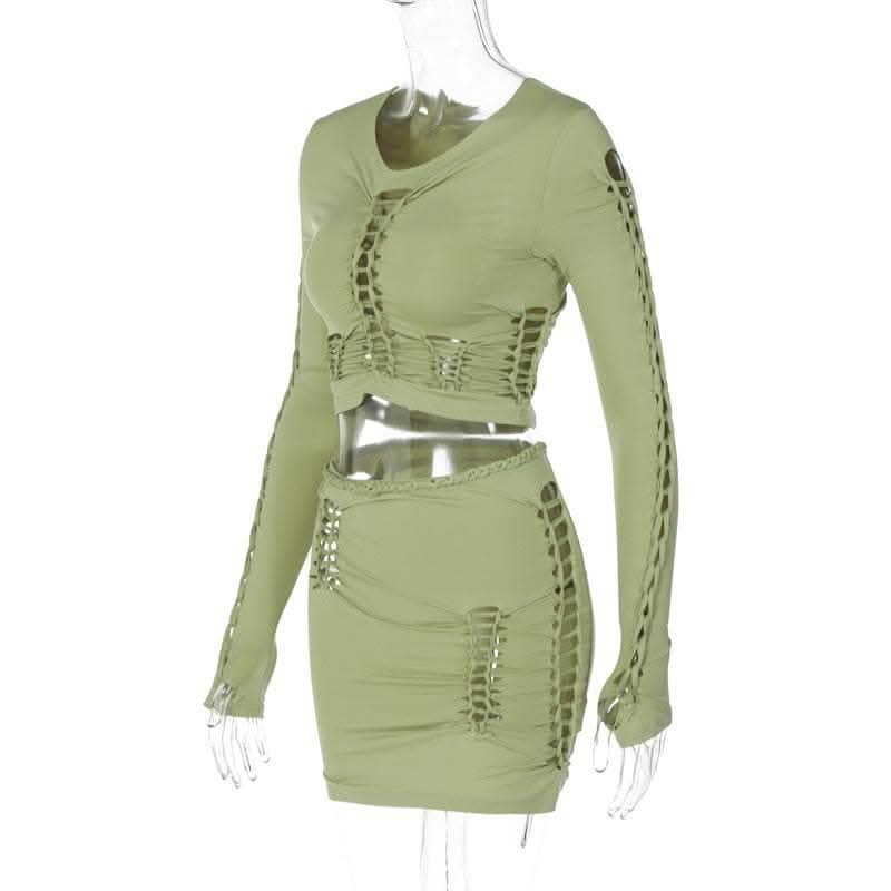 Long sleeve solid hollow out round neck ruched crop top skirt set-final-sale  | Festival Outfits Women