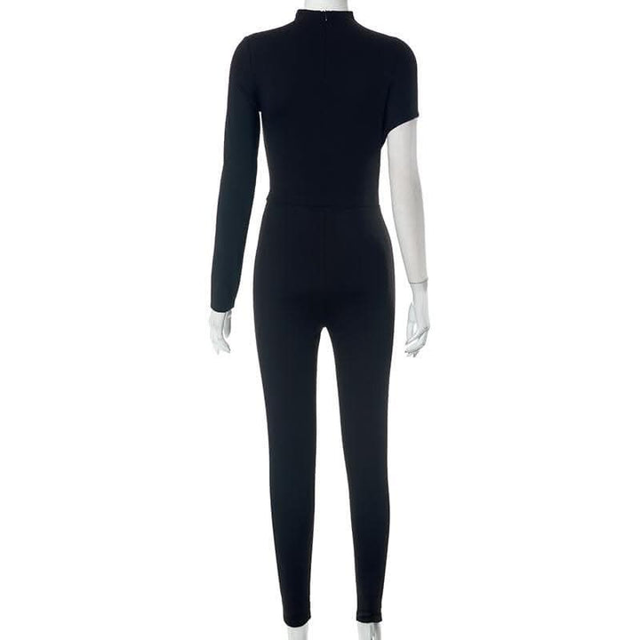Hollow out irregular long sleeve high neck solid jumpsuit-final-sale  | Festival Outfits Women
