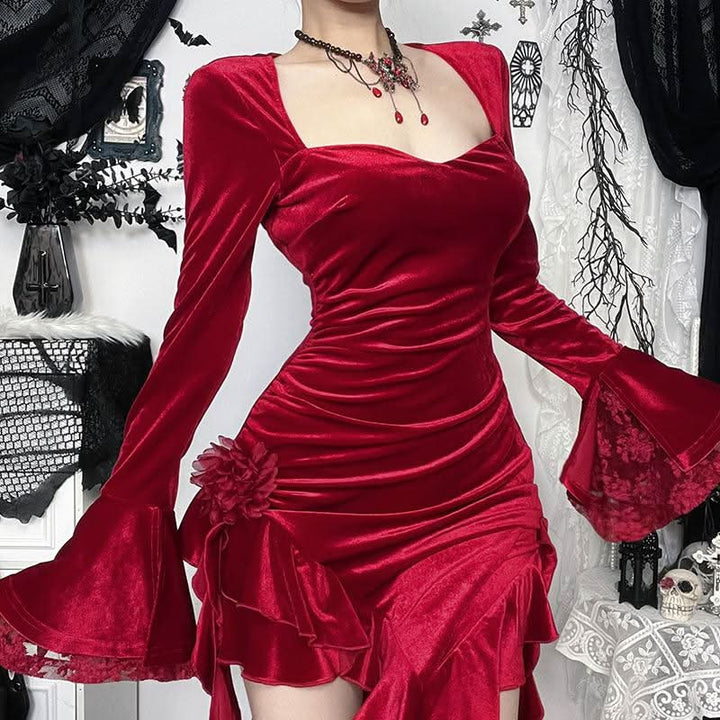 Long flared sleeve velvet ruffle slit midi dress  | Festival Outfits Women