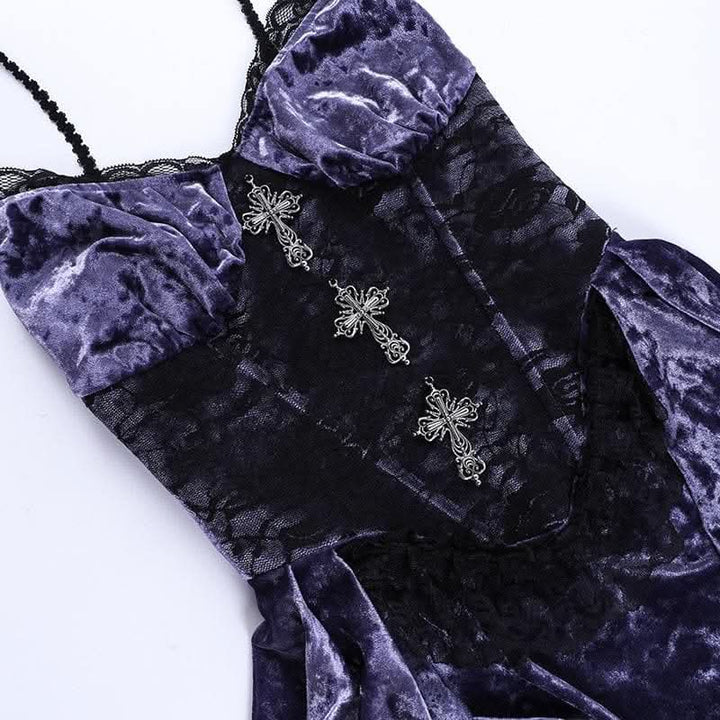 Velvet lace hem cross applique irregular v neck contrast midi dress | victorian gothic dresses-final-sale