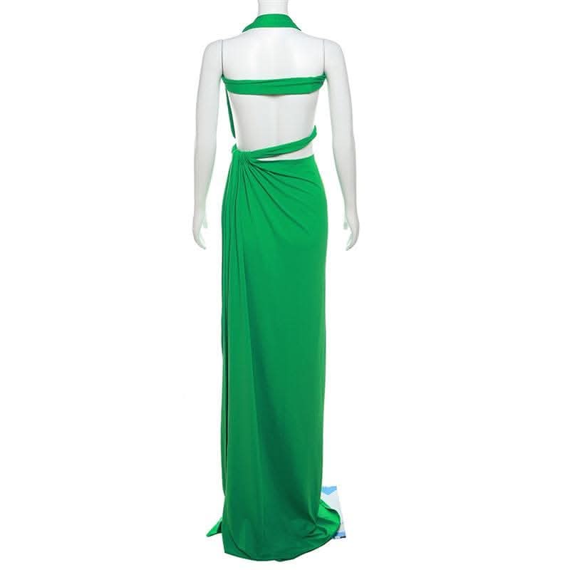 Halter irregular solid backless knotted ruched maxi dress-final-sale  | Festival Outfits Women