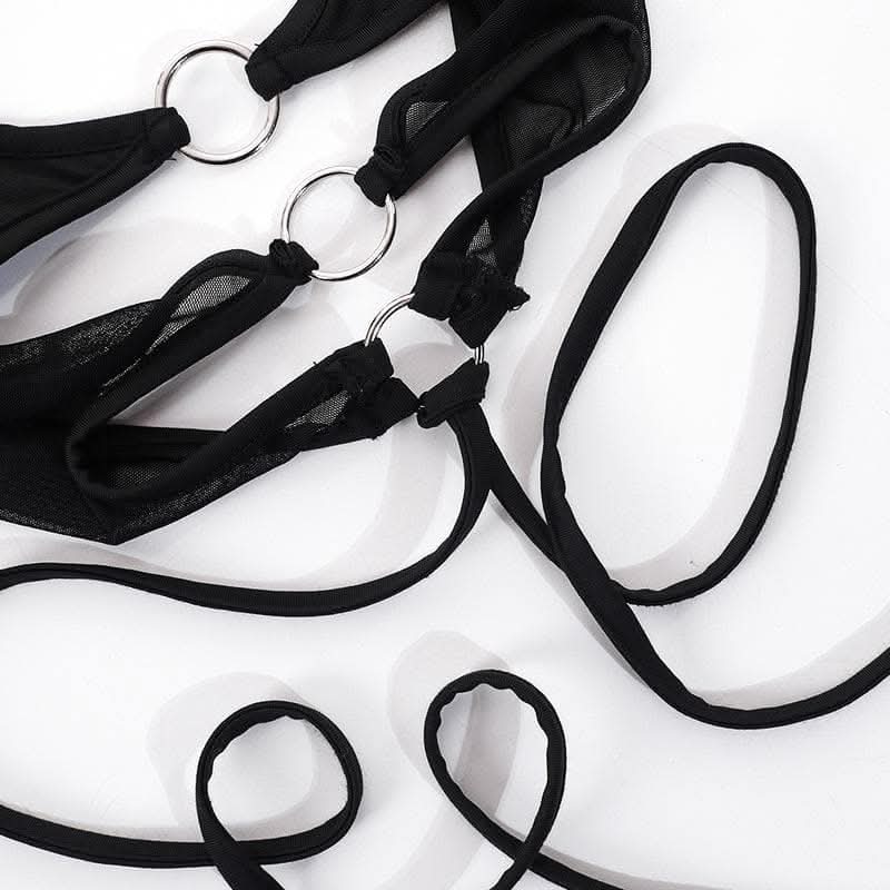 Mesh halter o ring solid hollow out backless patchwork crop cut out top-final-sale