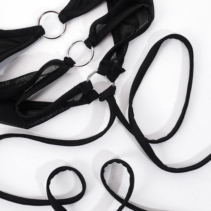 Mesh halter o ring solid hollow out backless patchwork crop cut out top-final-sale