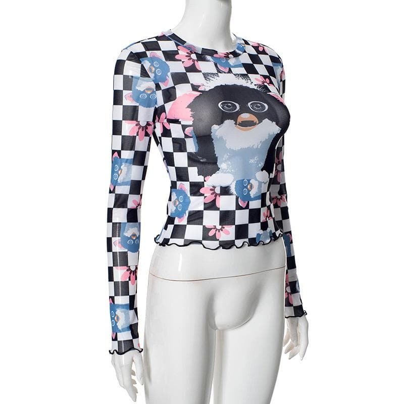 Long sleeve plaid print sheer mesh top  | Festival Outfits Women