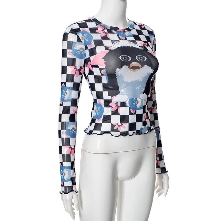 Long sleeve plaid print sheer mesh top  | Festival Outfits Women