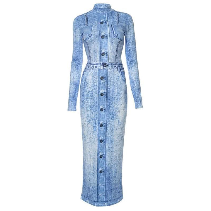 Denim print contrast high neck long sleeve maxi dress-final-sale  | Festival Outfits Women