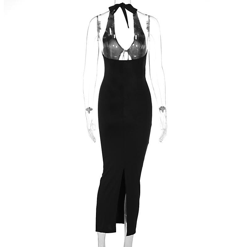 Halter hollow out backless v neck slit cut out midi dress  | Festival Outfits Women