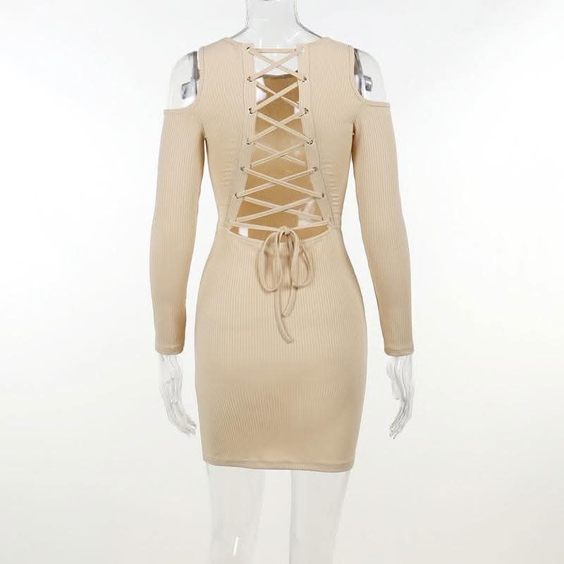 Long sleeve solid hollow out lace up self tie cut out mini dress-final-sale  | Festival Outfits Women