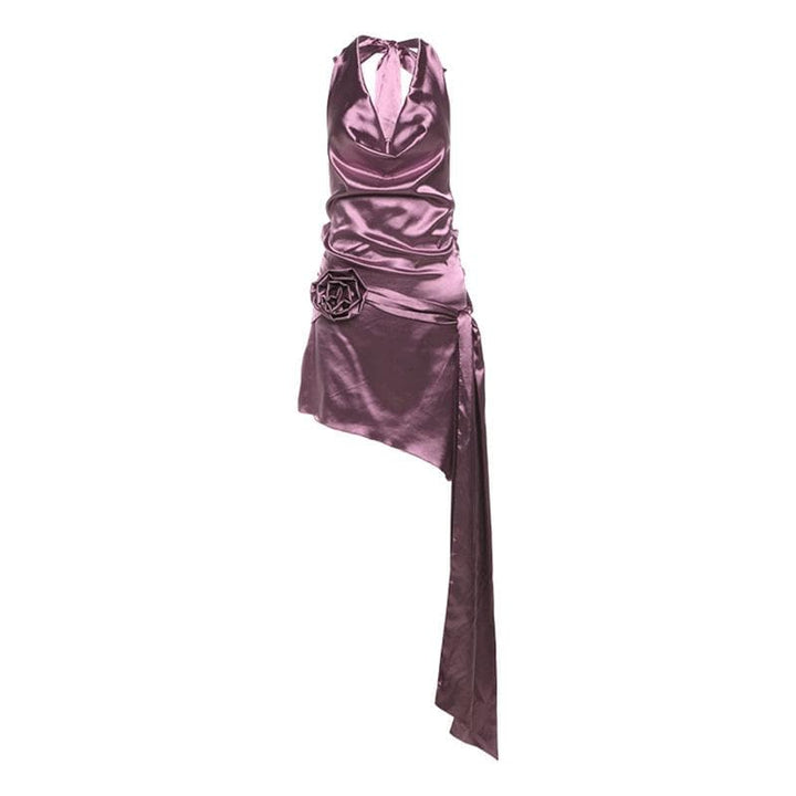 Cowl neck halter flower applique knotted mini dress  | Festival Outfits Women