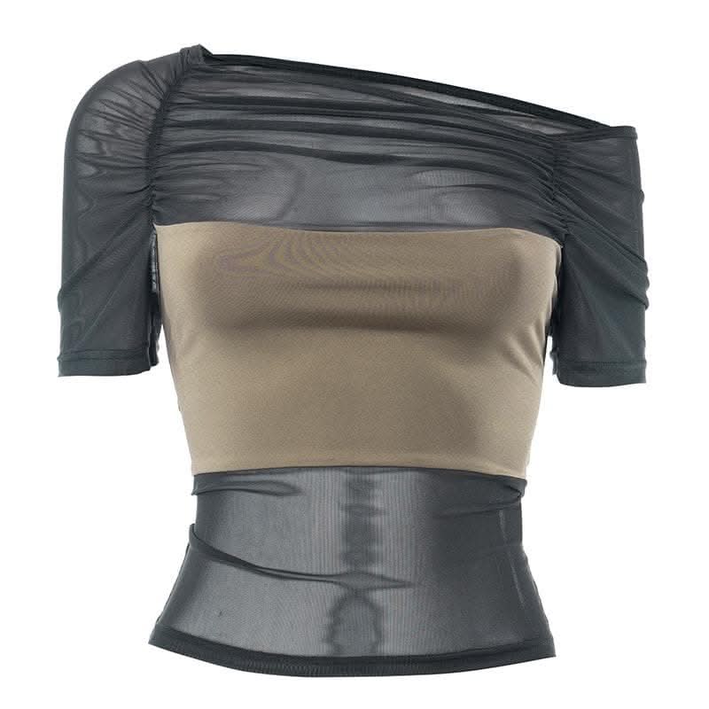 Mesh contrast patchwork short sleeve off shoulder ruched top-final-sale  | Festival Outfits Women