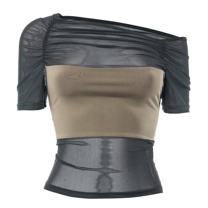 Mesh contrast patchwork short sleeve off shoulder ruched top-final-sale  | Festival Outfits Women