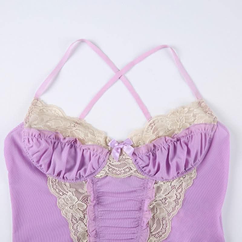 Lace hem contrast ruffle ruched patchwork cross back crop top-final-sale