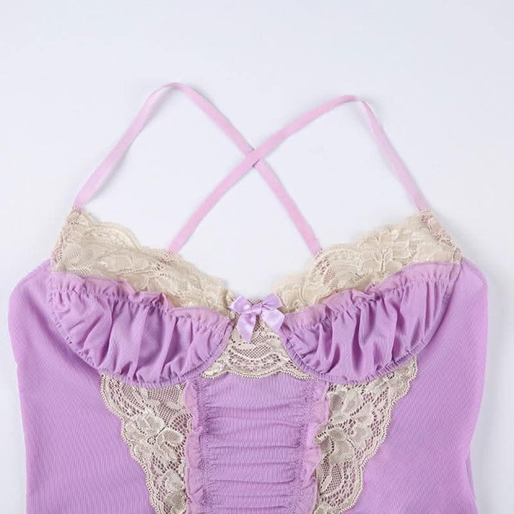 Lace hem contrast ruffle ruched patchwork cross back crop top-final-sale