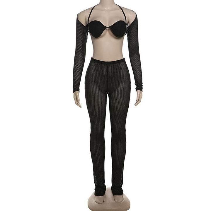 Halter shrug textured see through pant set-final-sale  | Festival Outfits Women