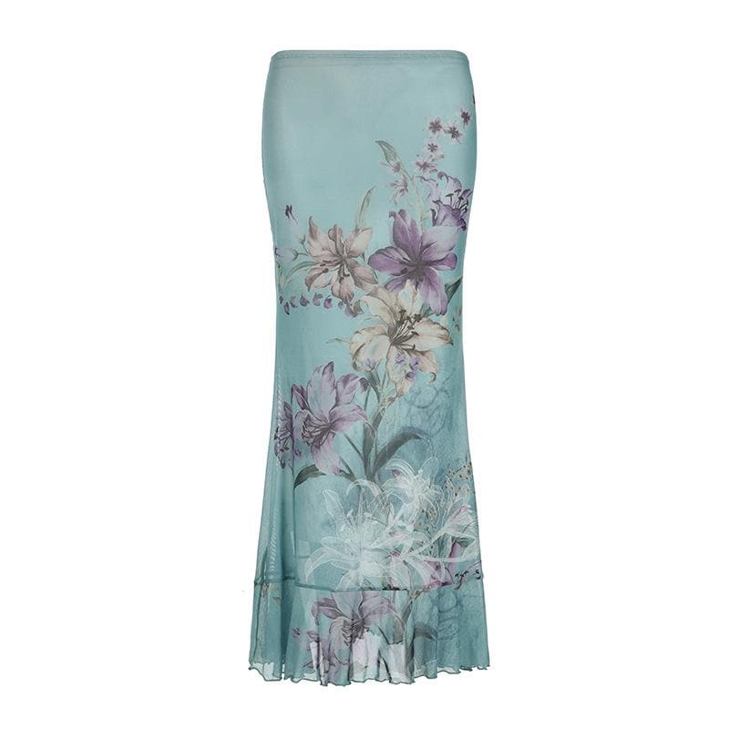 Ruched ruffle cowl neck  flower print mesh maxi skirt set-final-sale