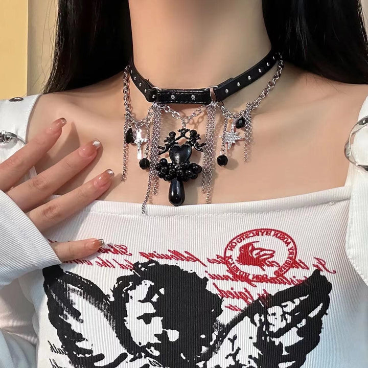 Heart pendant PU leather tassels choker necklace  | Festival Outfits Women