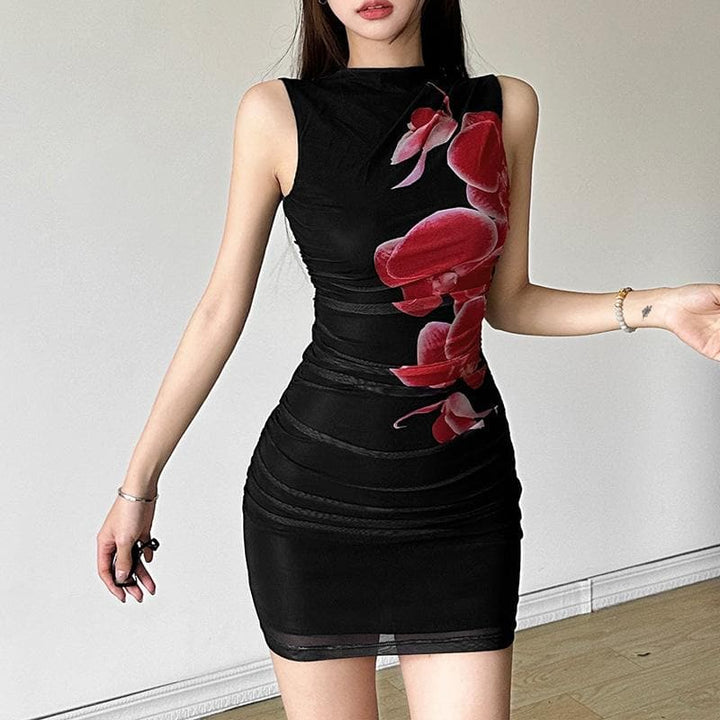 Sleeveless ruched mesh print mini dress  | Festival Outfits Women