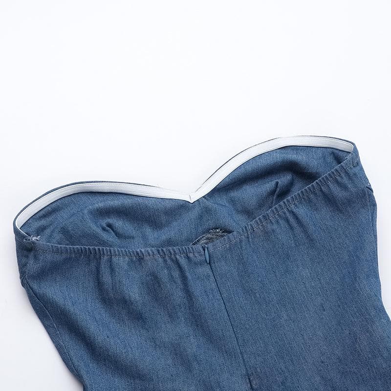 Denim sweetheart neck stitch ruched tube mini dress  | Festival Outfits Women