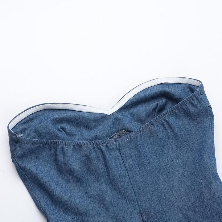 Denim sweetheart neck stitch ruched tube mini dress  | Festival Outfits Women