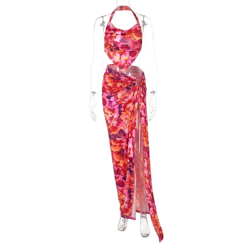 Halter flower print o ring slit maxi skirt set-final-sale  | Festival Outfits Women