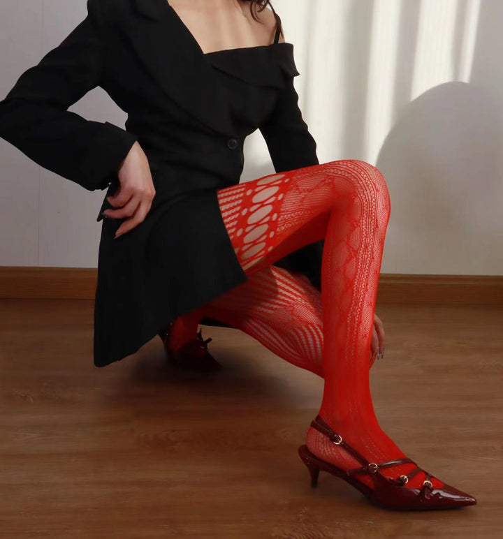 Asymmetrical fishnet vertical stripe hollow out tights  | Festival Outfits Women