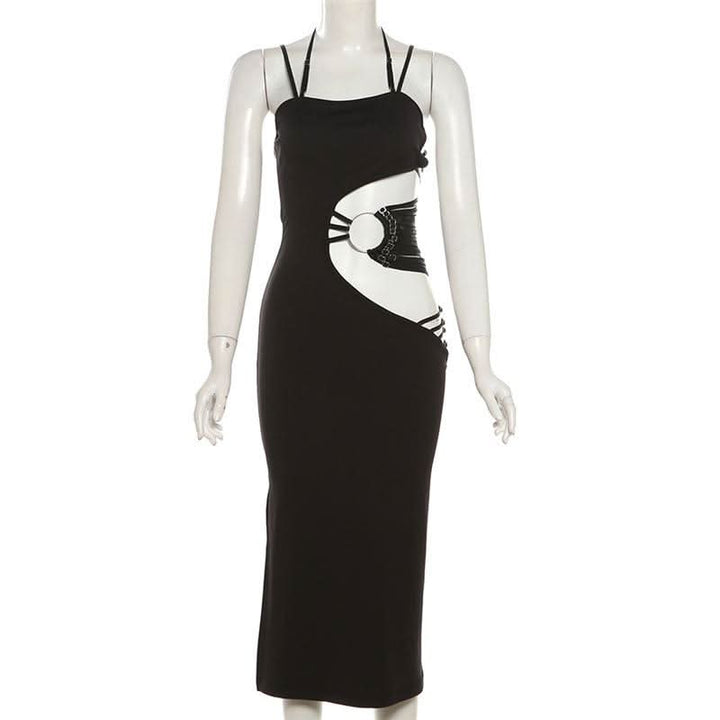 Irregular hollow out halter o ring cami slit cut out midi dress  | Festival Outfits Women