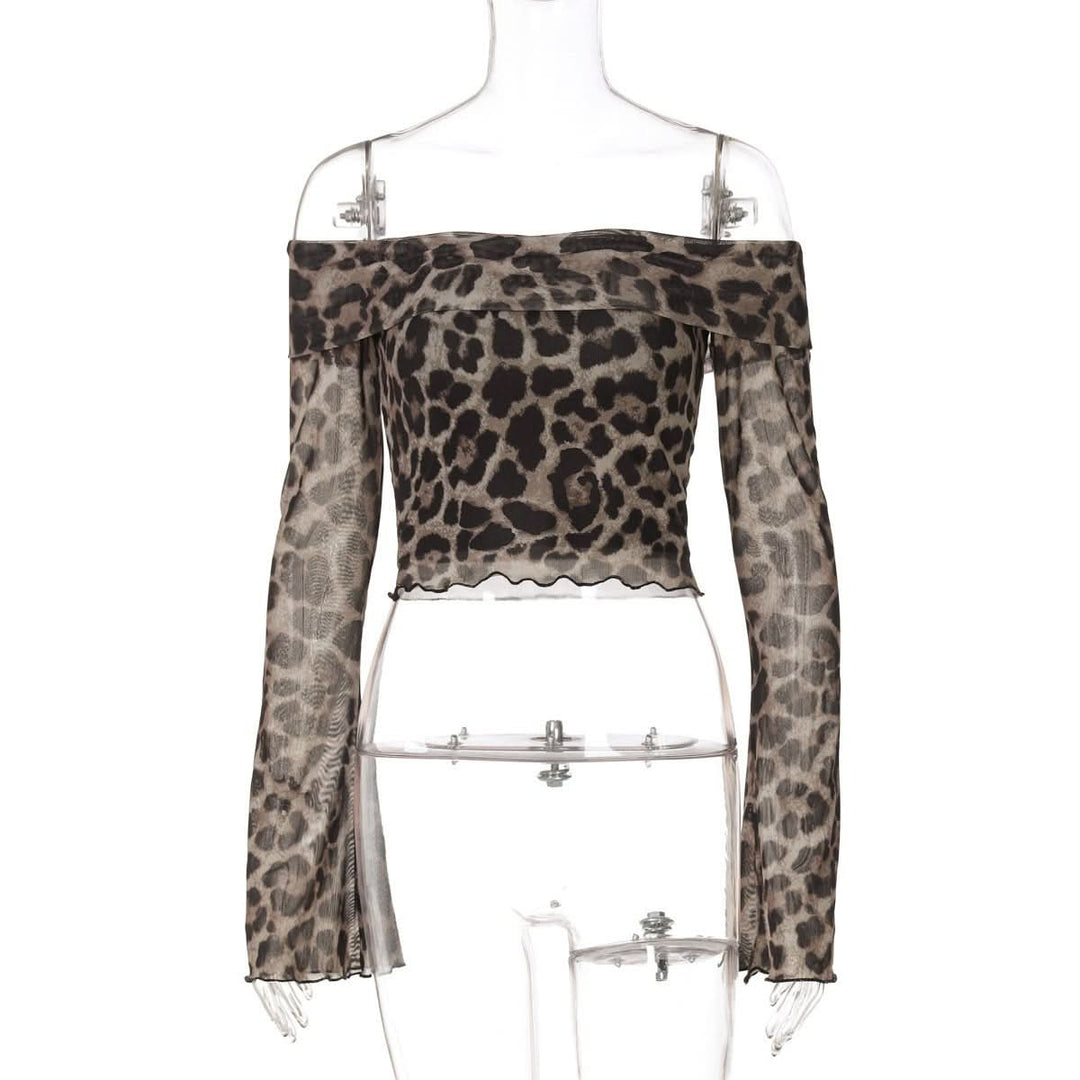Long sleeve off shoulder leopard print ruffle top  | Festival Outfits Women  | Cheetah Print Top