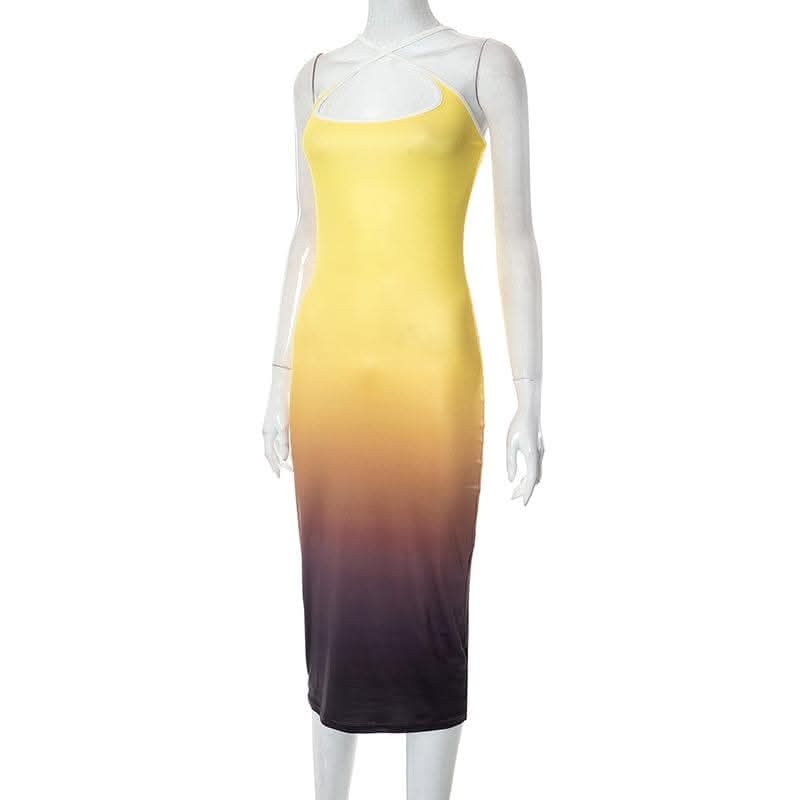 Gradient square neck backless contrast 2-way cami midi dress-final-sale  | Festival Outfits Women