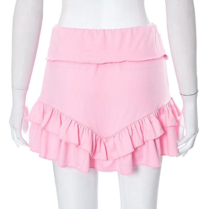 Long sleeve self tie ruched flower applique ruffle solid mini skirt set-final-sale  | Festival Outfits Women