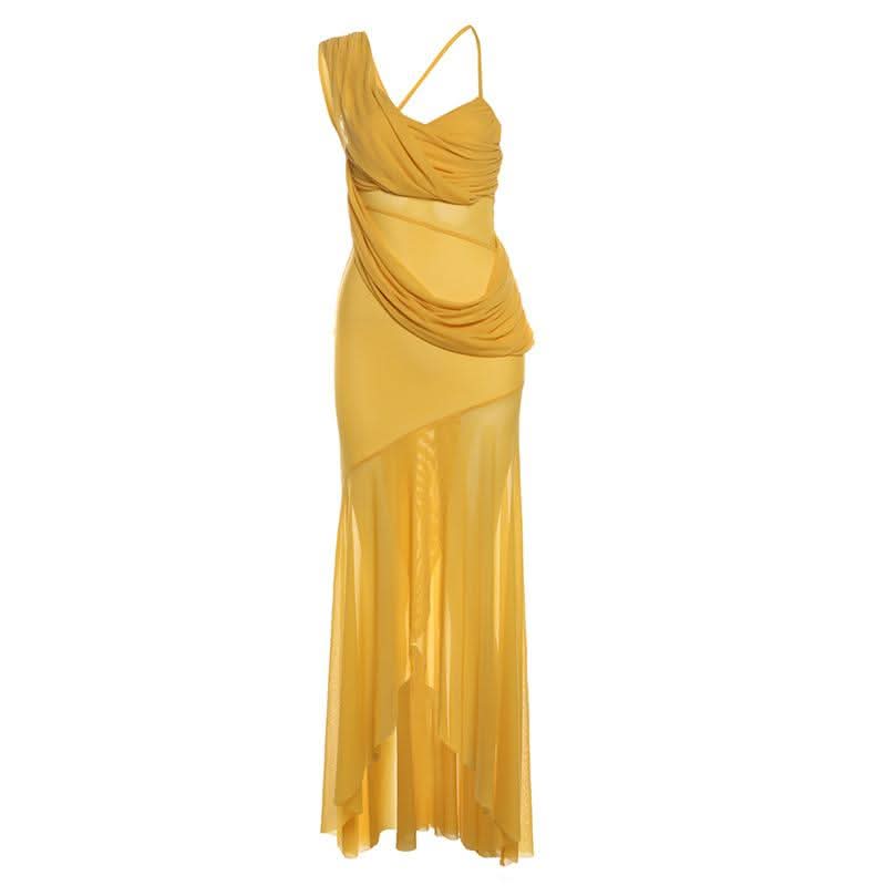 Irregular mesh v neck ruched solid cami maxi dress  | Festival Outfits Women