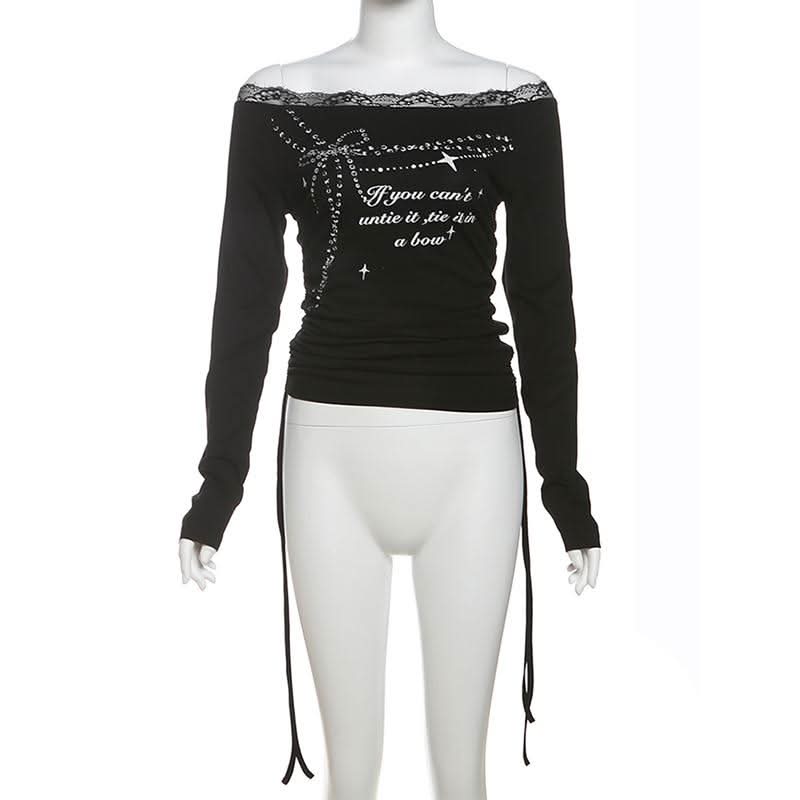 Long sleeve off shoulder lace hem print self tie top  | Festival Outfits Women