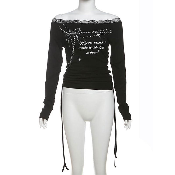 Long sleeve off shoulder lace hem print self tie top  | Festival Outfits Women