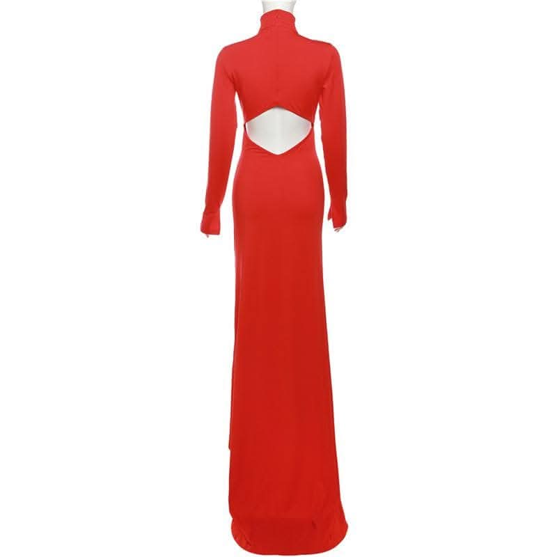 Hollow out solid long sleeve high neck zip-up cut out maxi dress-final-sale  | Festival Outfits Women