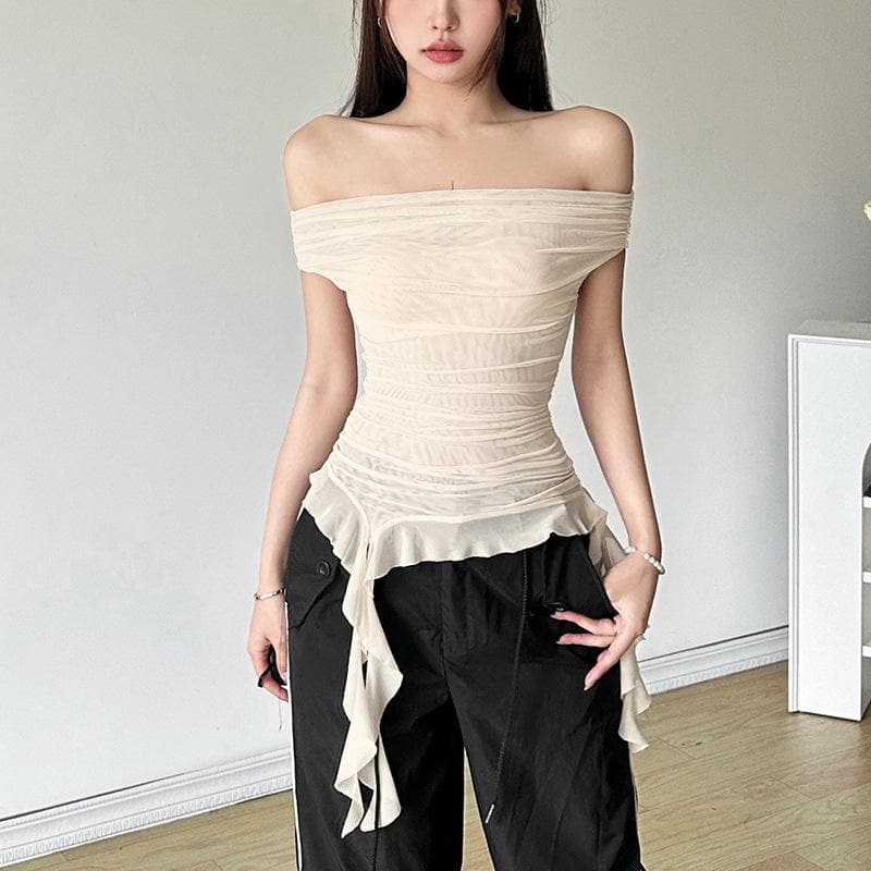 Off shoulder sheer mesh ruffle top  | Festival Outfits Women